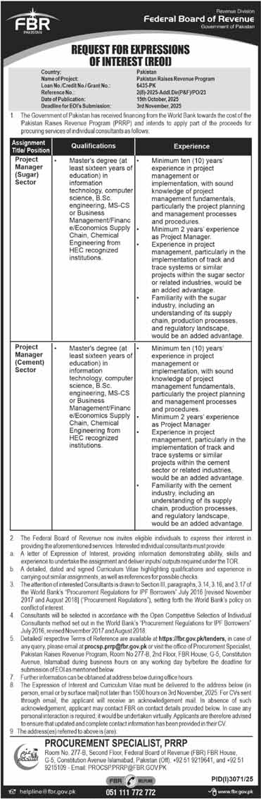 Federal Board of Revenue Tender Notice